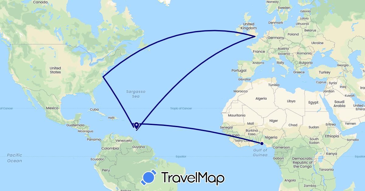 TravelMap itinerary: driving in Barbados, France, United Kingdom, Nigeria, United States (Africa, Europe, North America)